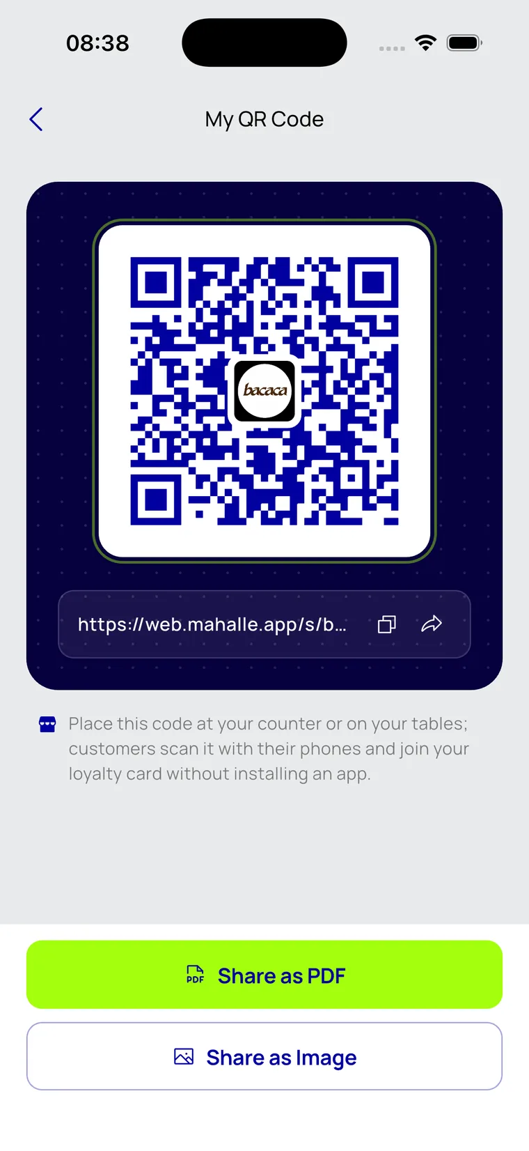 İşletmenin paylaşılabilir QR kod ekranı