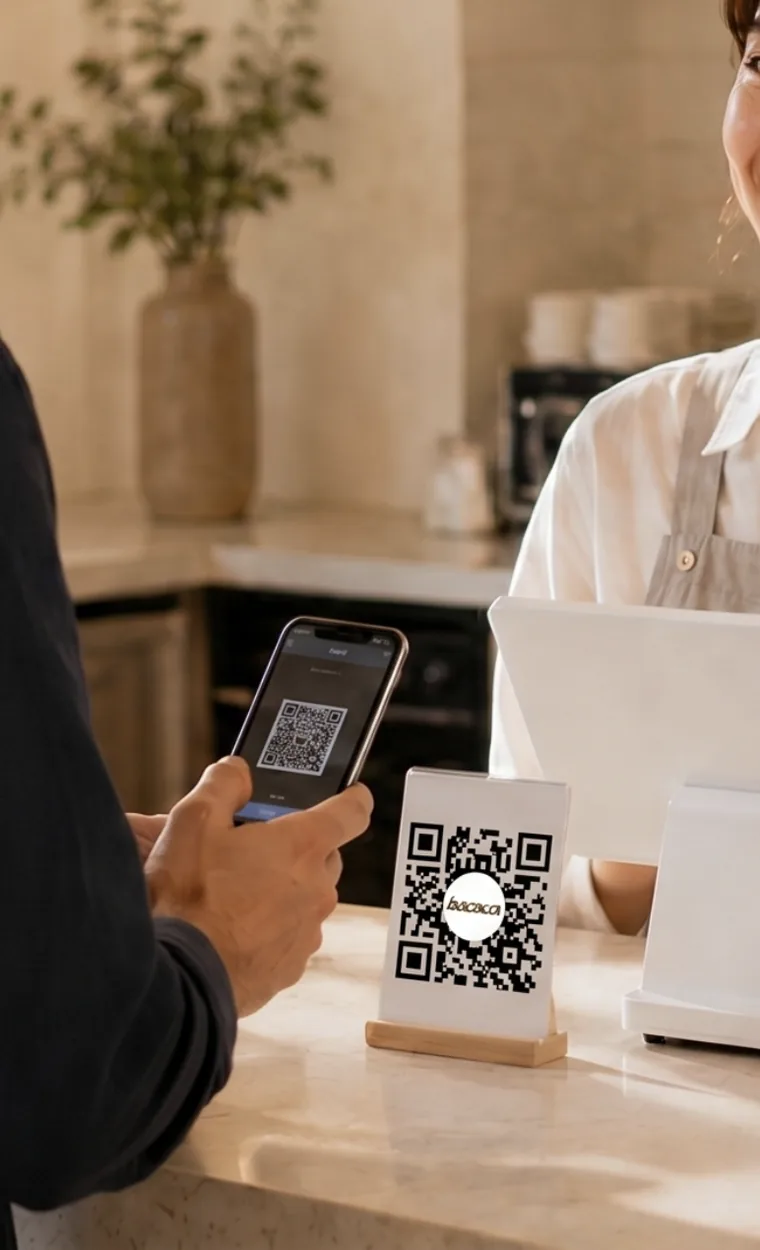 Bir müşteri kafede tezgâhtaki QR kodu telefonuyla okuturken